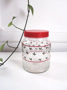 Vintage KIG Glass Holiday Canister Jar Red Lid Holly Berry Design Christmas
